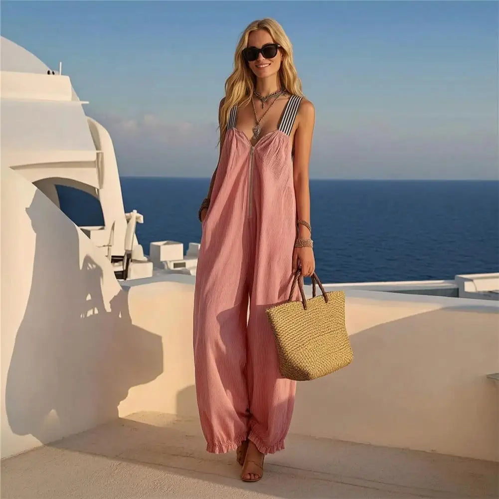 Women Striped Jumpsuit Sleeveless Wide Leg Romper Summer Zipper Jumpsuits Casual Beach Vacation Party Daily Outfit Wear