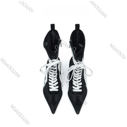 Fashion Strange Heel Women Knight Boots Pointed Toe Retro High Heel Ankle Booties Female Cross-tied Street Style Comfort Shoes