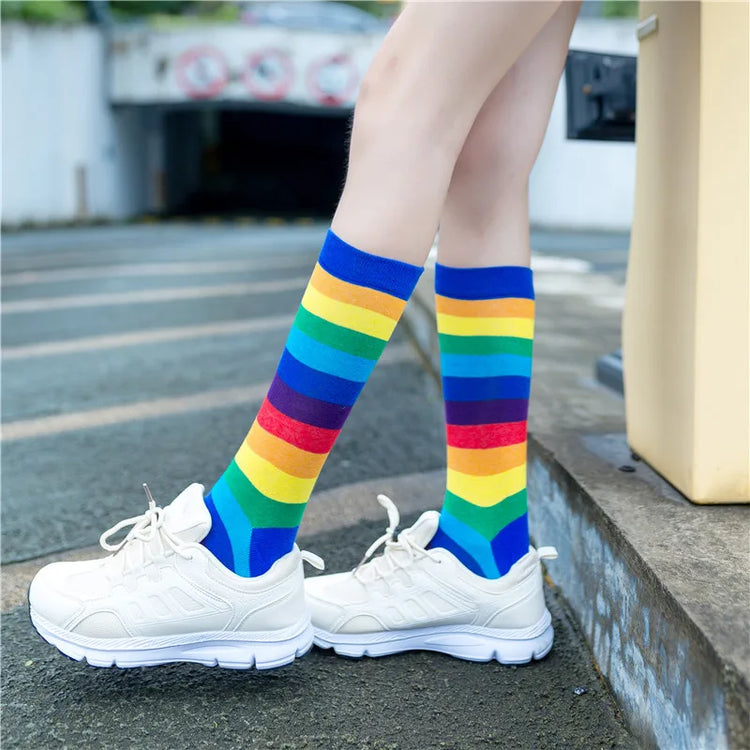 Rainbow Striped Socks Colorful Fashion Women Middle Tube Long Socks Trendy Candy Colors Breathable Cotton Casual Sport Socks New