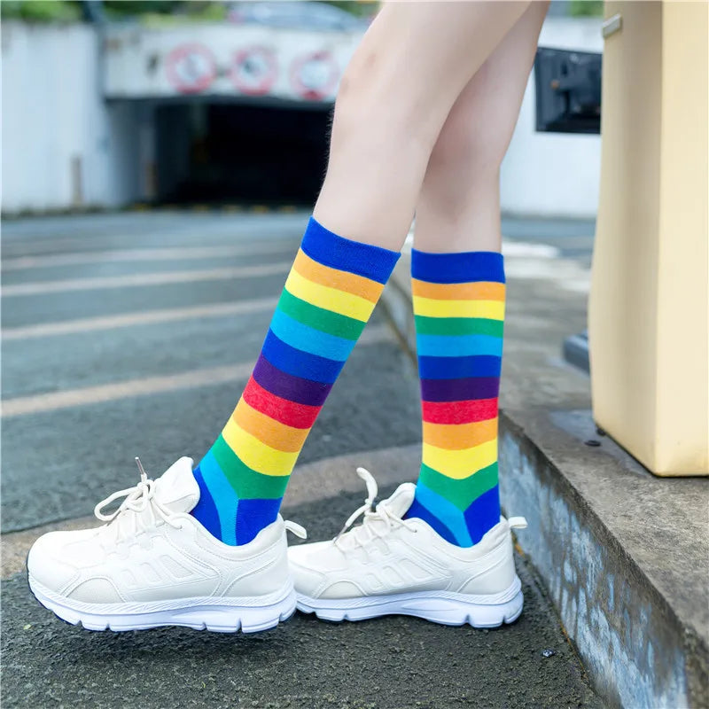 Rainbow Striped Socks Colorful Fashion Women Middle Tube Long Socks Trendy Candy Colors Breathable Cotton Casual Sport Socks New