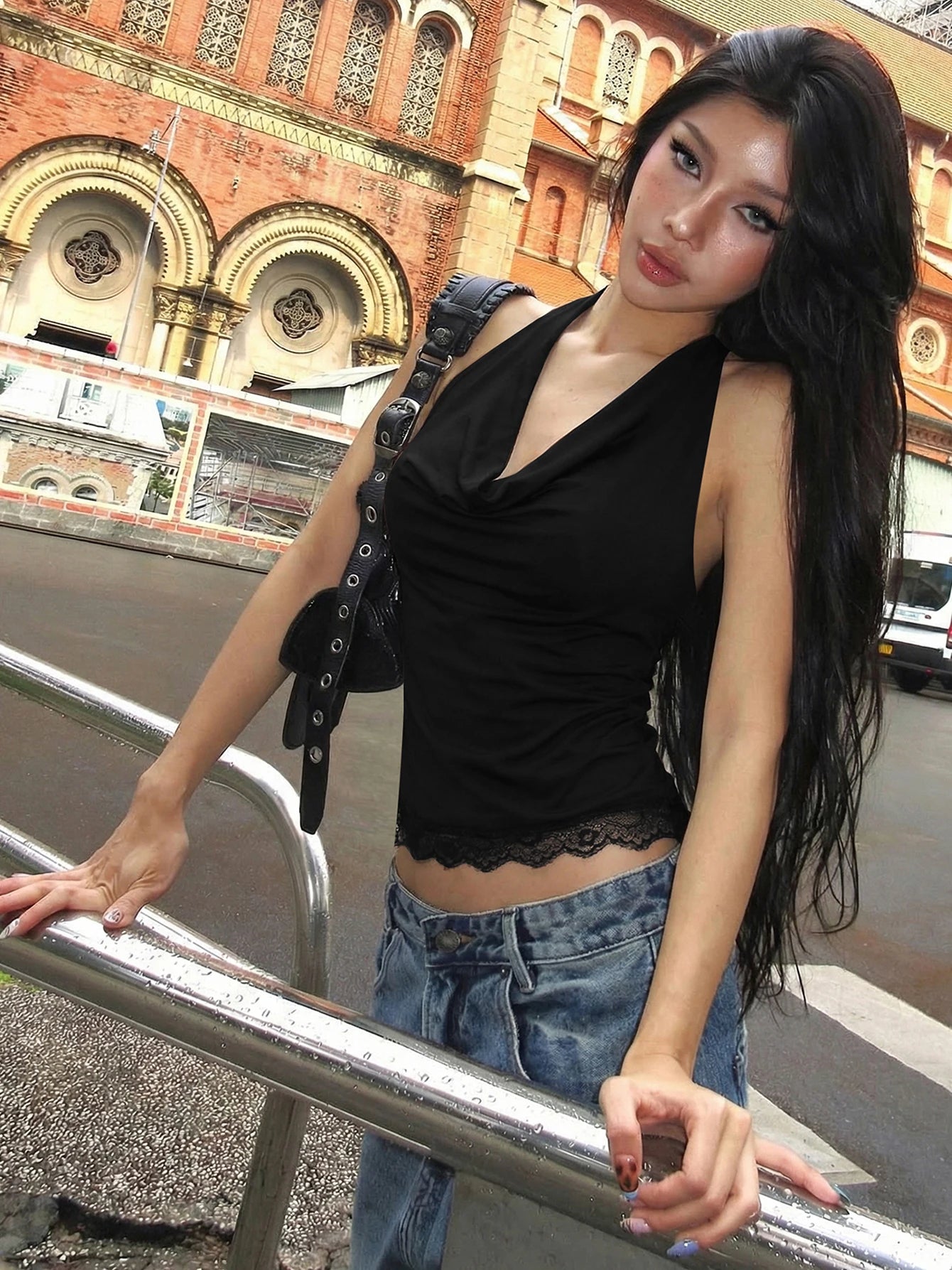Dulzura Summer Fashion Sexy Halter Backless Lace Up Lace Ruffles Swinging Collar Vest Women'S Casual Y2K Top Party Club Clothes