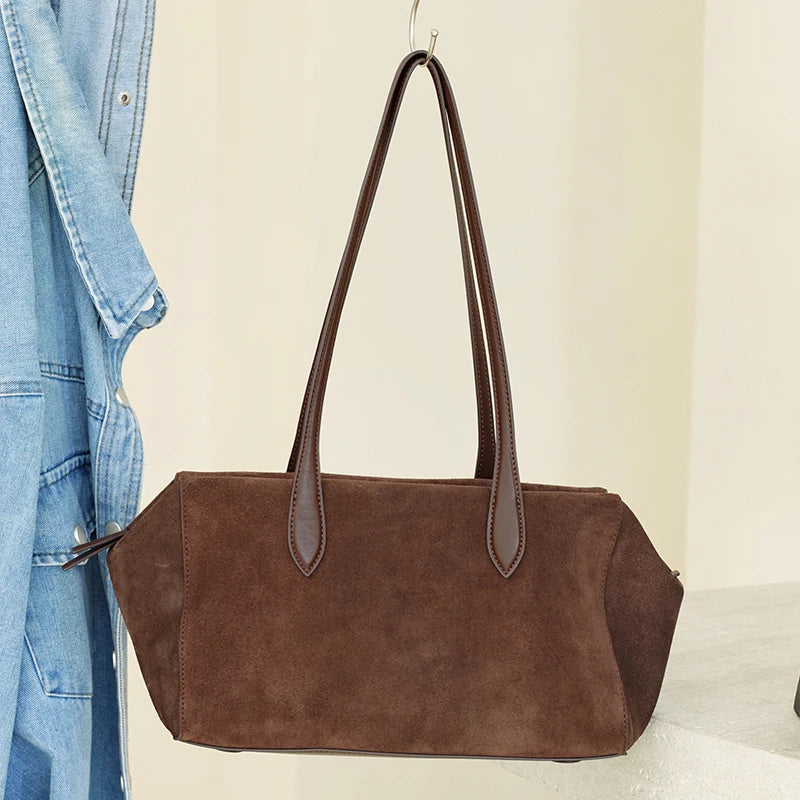 New Women's Natural Suede Leather long handle Shoulder Bag Luxury Designe Genuine Suede Leather Handbags Shopping Underarm Bag