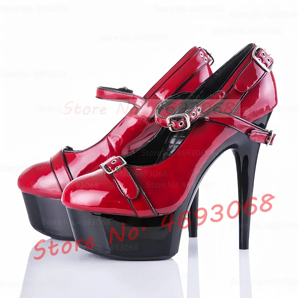 Red Shiny Buckle Strap Black Platform Pumps Ladies Sexy Round Toe Two Colors Stiletto Shoes Women Summer Night Out High Heels