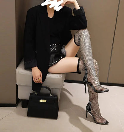 Summer New Women's New Luxury Brand High Heel Sandals Hollow Cool Boots Sexy Fashion Rhinestone Banquet Sandals Plus Size 34-42