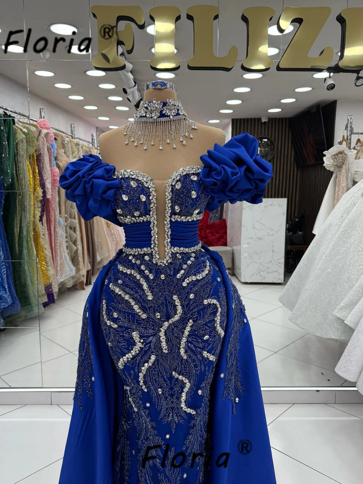 Two PCs Blue Dubai Women Celebrity Party Dress with Overskirt Silver Crystal Ruffles Mermaid Wedding Event Gown Vestidos De Gala