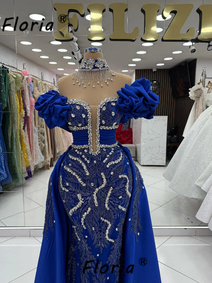 Two PCs Blue Dubai Women Celebrity Party Dress with Overskirt Silver Crystal Ruffles Mermaid Wedding Event Gown Vestidos De Gala