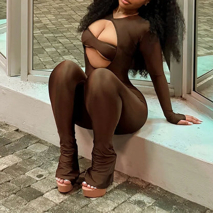 Joskaa Women Cutout Long Sleeve Jumpsuit with Tube Tops Sexy O-neck Back Zipper Thumb Hole Design Bodycon Rompers Party Clubwear