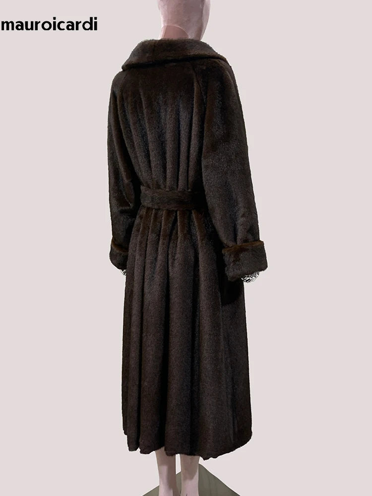 Mauroicardi Winter Long Thick Warm Brown Skirted Faux Mink Fur Coat Women Shawl Collar Sashes Elegant Luxury Furry Overcoat 2025