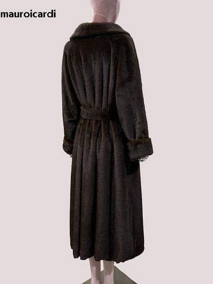 Mauroicardi Winter Long Thick Warm Brown Skirted Faux Mink Fur Coat Women Shawl Collar Sashes Elegant Luxury Furry Overcoat 2025