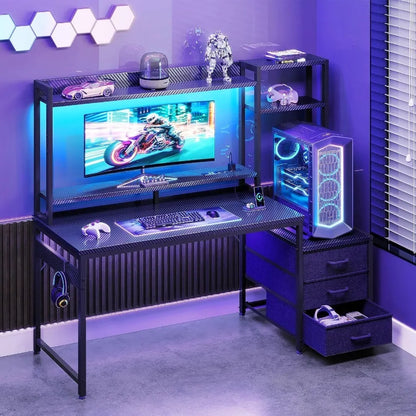 Gaming Desk with Shelves and 3 Drawers and LED Light and Hutch