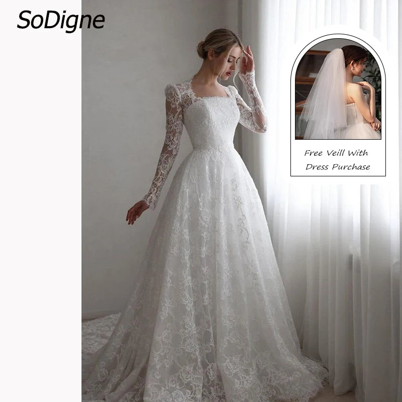SoDigne A-line Boho Lace Wedding Dress Full Sleeves Square Collar Bride Dresses Long Bridal Gowns Vestidos De Novia Customized