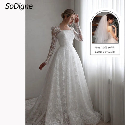 SoDigne A-line Boho Lace Wedding Dress Full Sleeves Square Collar Bride Dresses Long Bridal Gowns Vestidos De Novia Customized