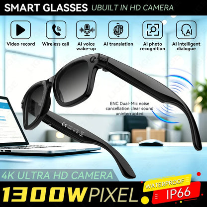 Smart Glasses 13MP HD Camera 4K Video Antishake Recording AI Translation Bluetooth Call Music Photo Recognition Sport Sunglasses