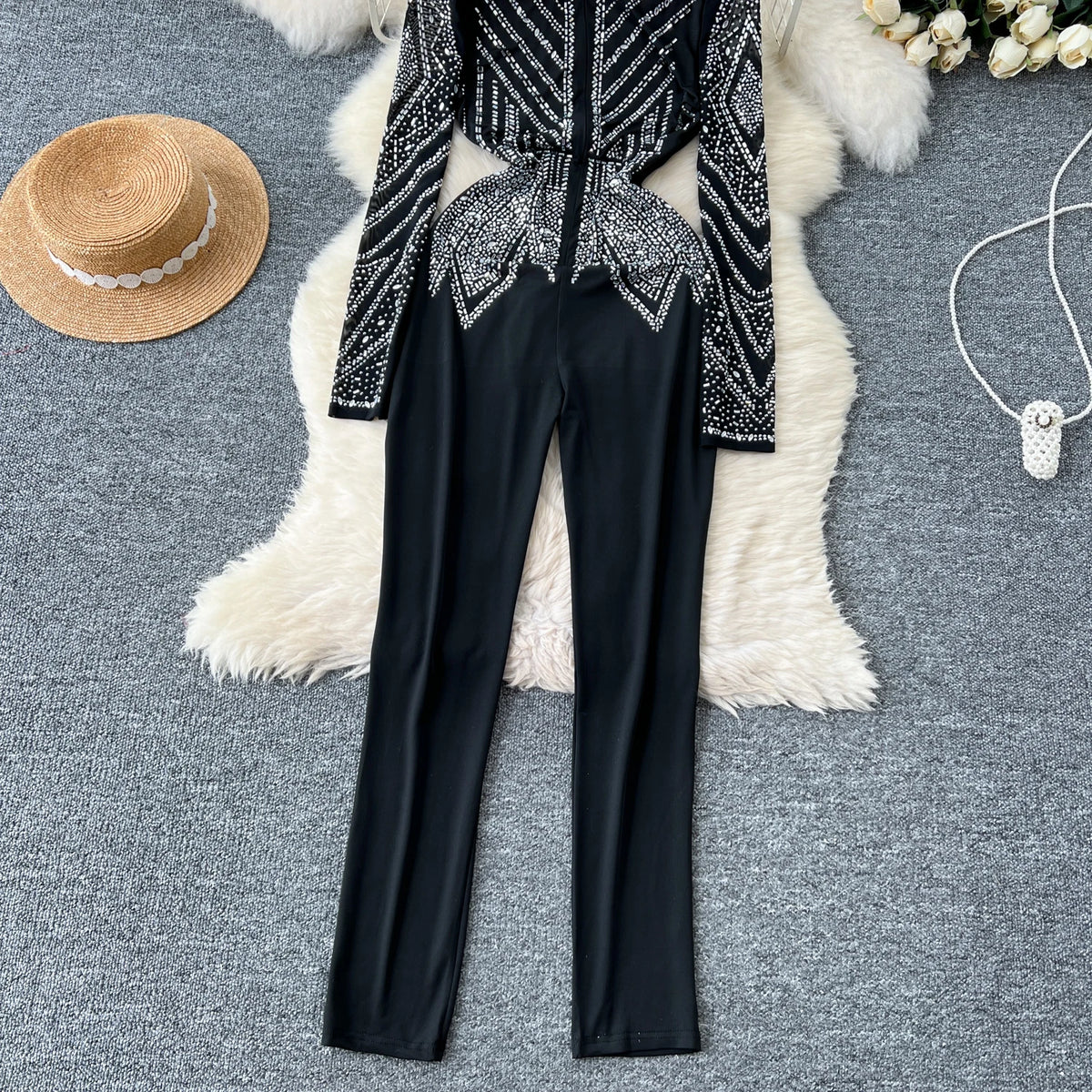 SINGREINY Sexy Senior Bodycon Jumpsuits Women Deep V-Neck Long Sleeves Zipper Diamonds Design Fashion Hotsweet Party Playsuits
