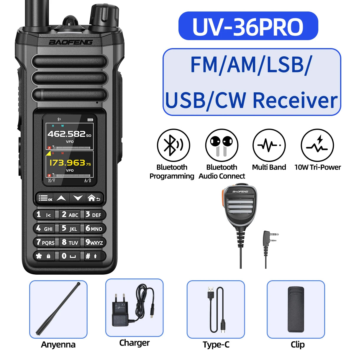 BAOFENG UV-36 PRO 10W Tri-Power Walkie Talkie Dual Mode Two Way Radio Bluetooth Programming FM Receiver Handheld Transceiver