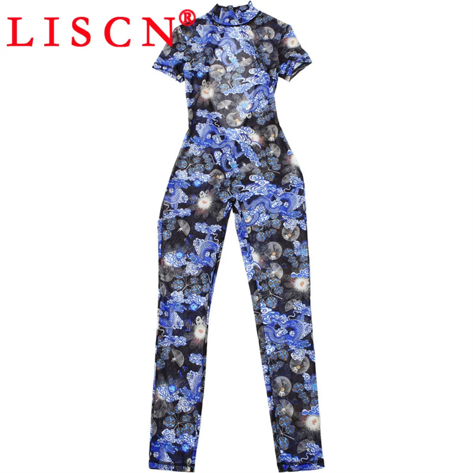 10 Wholesale Items Jumpsuits Women Summer 2025 Short Sleeve Bodycon Sexy Y2k Printing Mesh See Through Backless Rompers K15151