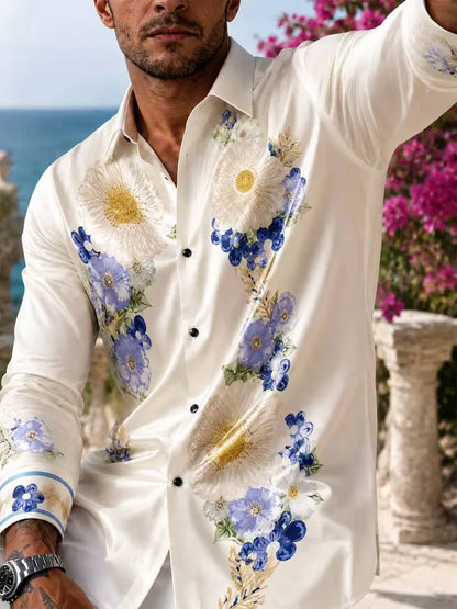 New Men's Purple Gold Phoenix National Style Curly Grass 3D Printed Long Sleeve Shirt Smooth High Gloss Collar Top