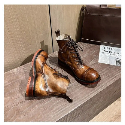 Fashion Cow Genuine Leather Motorcycle Boots Brogue Shoes Retro High Big Head Men's Mid-calf Chelsea Boots For Men Brown
