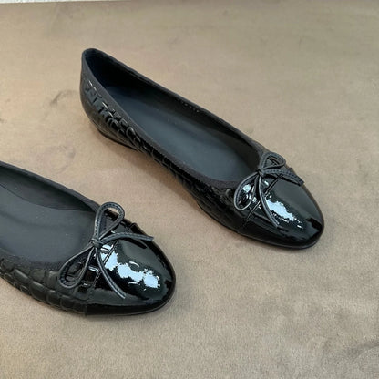 Luxury Brand Women's Slip-on Bow-accented  Low-heel Shoes Mary Janes Embossed Upper Patent Leather Versatile Casual Shoes