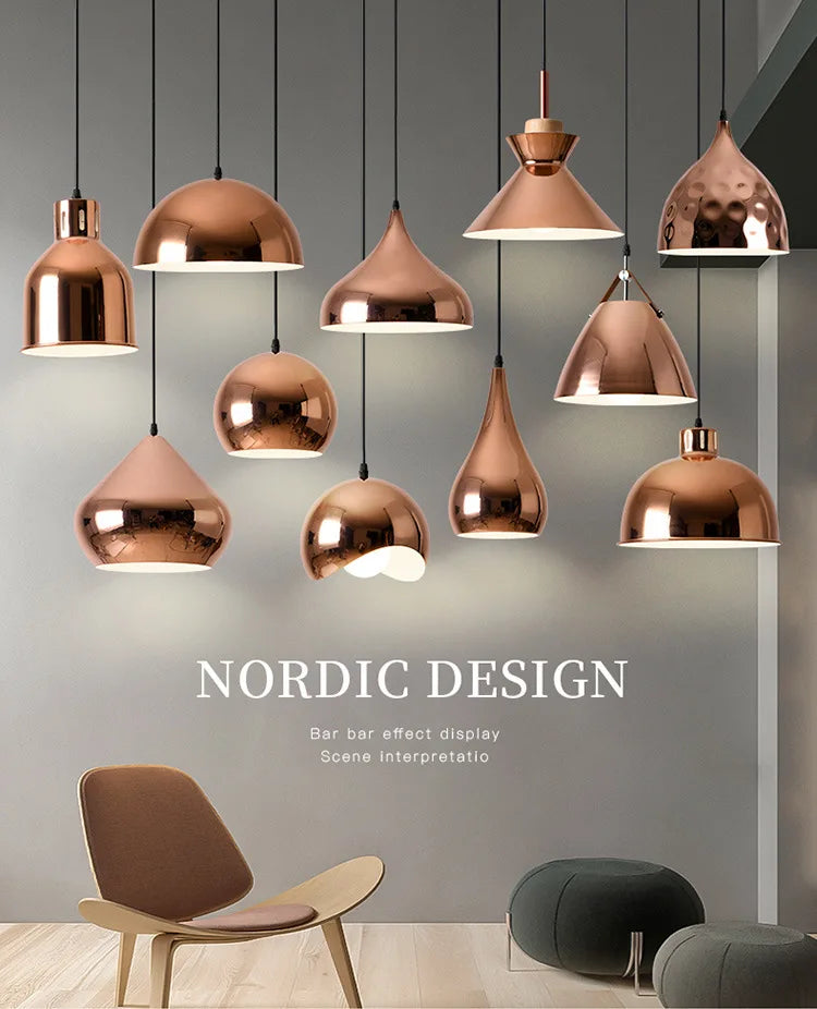 Nordic Rose Gold Pendant Lights Plated Metal Hanging Lamp Fixtures Dining Room Kitchen Island Bar Cafe Indoor Decor Lighting E27
