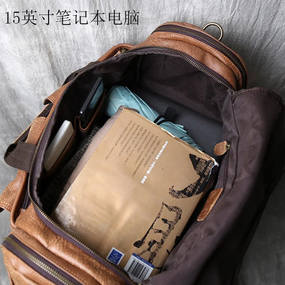 Vintage Large Capacity Men's Top Layer Cowhide Travel Bag Genuine Leather Crossbody Bag Hand-Held Short Distance Luggage Bag
