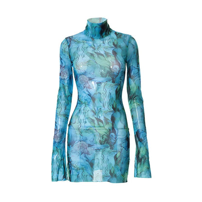 Flare Sleeve Color Printing Bodycon Dress Mini Women Clothing Turtleneck Sexy Streetwear High Waist Fashion One-Pieces Outfits
