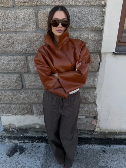 Women Cropped PU Leather Jacket Stand Collar Wide Flare Sleeve Asymmetrical Wrap Open Front Coat 2026 Autumn Chic Loose Jackets