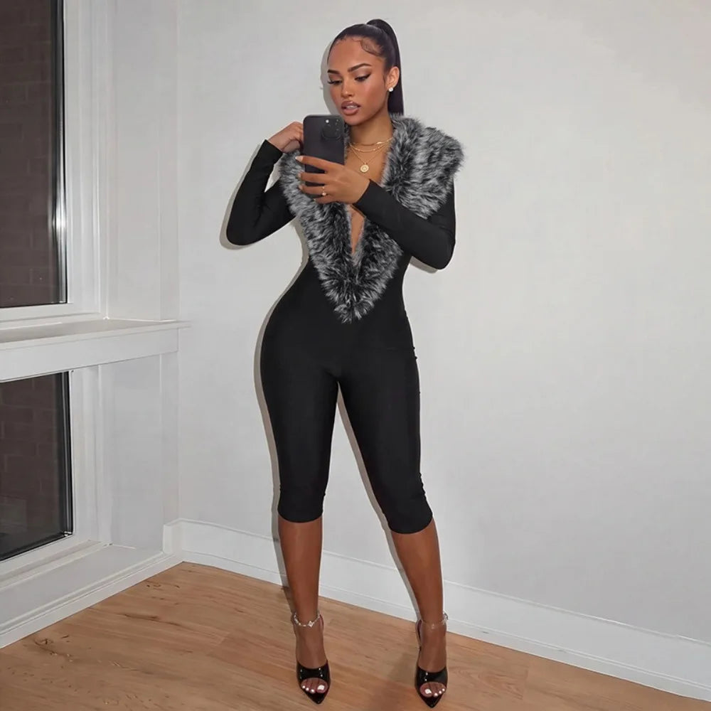 FLARORA Sexy Faux Fur Patchwork Capri Jumpsuits Woman Deep V Neck Full Sleeve Skinny Peach Hip Midnight Party Clubwear Overalls