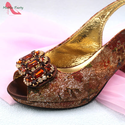 2024 Mature Style High Quality Comfortable Heels Italian Women Shoes and Bag Set with Shinning Crystal in Yellow Color