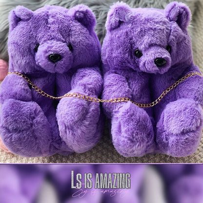 Cute Teddy Bear Plush Winter Slippers, Wrapped Heel Funny Indoor Floor Shoes, Women Gift, Warm Soft Cartoon Fluffy Animal Slippe