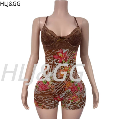 HLJ&GG Vintage Flowers Print Mesh Spaghetti Strap Bodycon One Piece Rompers Women V Neck Sleeveless Jumpsuits Fashion Overalls