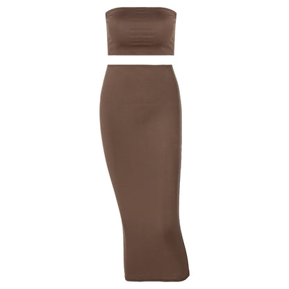 Hugcitar Women Elegant 2 Pcs Sets Strapless Sexy Tube Crop Tank Top Maxi Skirt 2025 Summer Women Casual Clothes Party Festival