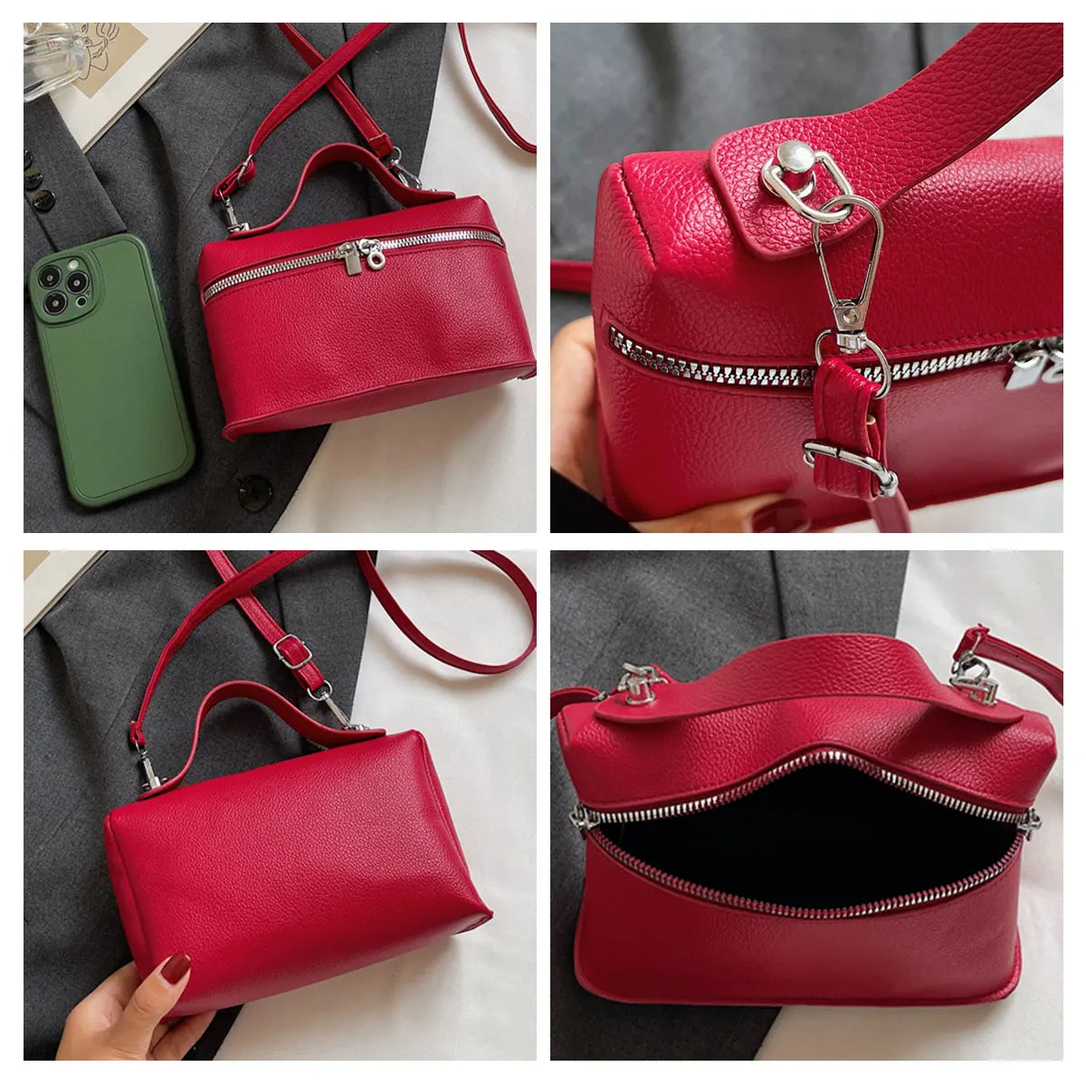Fashionable Light Luxury Solid Color Box Bag Litchi Pattern Portable Carrying Crossbody Bag Daily Commuting Versatile Square Bag