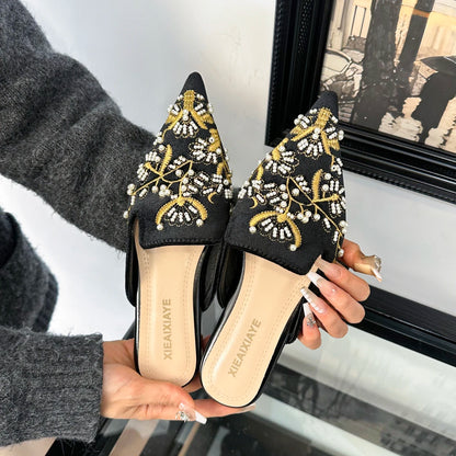Embroidery Women Mules Slippers Luxury Elegant Pointed Toe Slides Shoes Ladies Sandalias Pointed Bead Embroidery Roman Style
