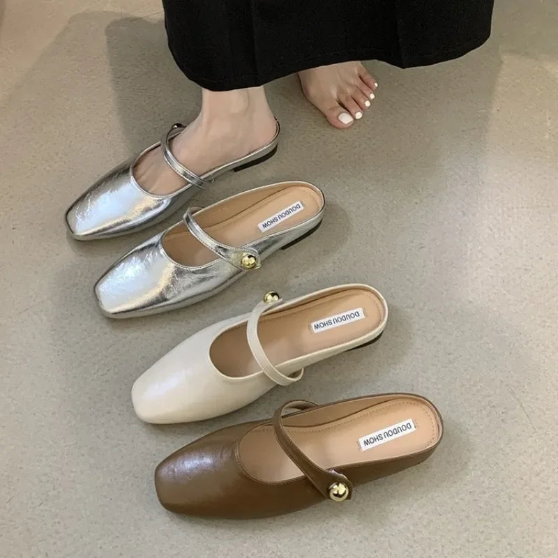 Soft Leather 2025 Ins Silver Buckle Strap Casual Shoes Fashion Flats Elegant Glitter Metallic Mules Shoes Cover Toe Slippers
