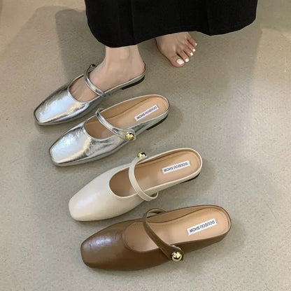 Soft Leather 2025 Ins Silver Buckle Strap Casual Shoes Fashion Flats Elegant Glitter Metallic Mules Shoes Cover Toe Slippers