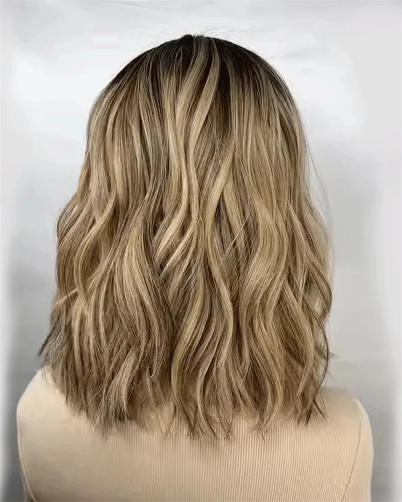 12" Short Bob Lace Front Wigs Honey Blonde Highlight Caramel Brown Synthetic Wig Bouncy Waves Brown Roots Hair-loss Cosplay Wig