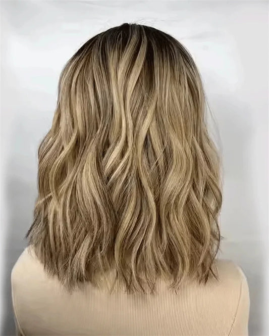 12" Short Bob Lace Front Wigs Honey Blonde Highlight Caramel Brown Synthetic Wig Bouncy Waves Brown Roots Hair-loss Cosplay Wig