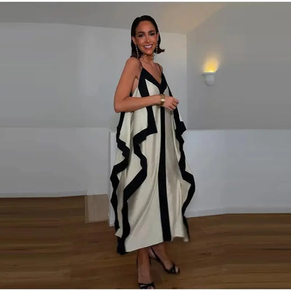 Contrast Black Trim Satin Cami Maxi Dress Deep V Neck Loose Flowy Ruffle Hem Lady Long Gown 2026 Summer Formal Vacation Dresses