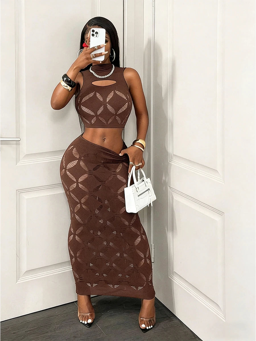 FHSEER Plus Size 2PCS Women's Sexy Set See Through Mesh Hollow Out Crop Tank & High Waist Bodycon Mini Skirt Stretechy Clubwear