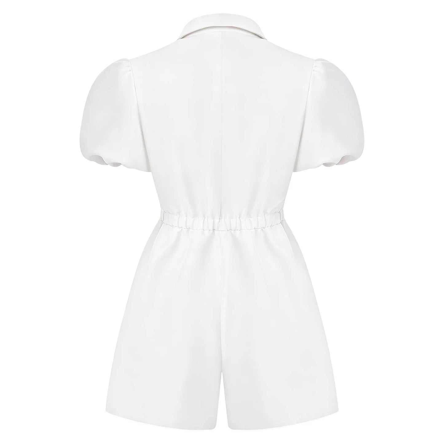 Fashion Women Short Puff Sleeve Romper Lapel Front Button Elastic Waist Shorts Jumpsuit for Office Vacation Casual Clothing