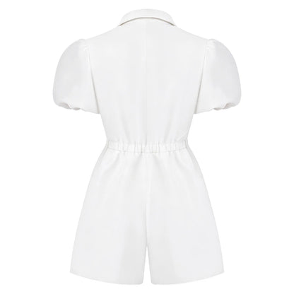 Fashion Women Short Puff Sleeve Romper Lapel Front Button Elastic Waist Shorts Jumpsuit for Office Vacation Casual Clothing