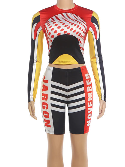 Nibber Summer Sexy 2 Piece Set Woman Polka Dot Patchwork o-Neck Full Sleeve Crop Tops+Letter Print Bike Shorts Sporty Streetwear