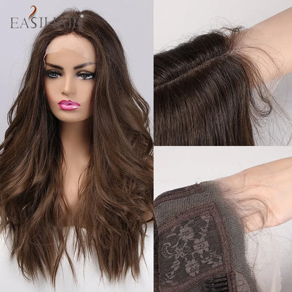 EASIHAIR Lace Front Hair Wigs Brown Long Straight Synthetic Lace Wigs for Black Women Daily Cosplay Party Heat Resistant Fibers