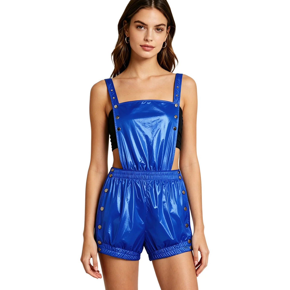 Womens Overalls Romper Snap Button Design for Festival Clubwear Stage Pressing Buttons Ruffled Trims Backless Short Jumpsuit