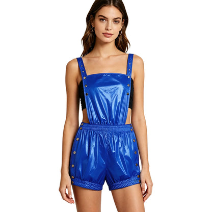 Womens Overalls Romper Snap Button Design for Festival Clubwear Stage Pressing Buttons Ruffled Trims Backless Short Jumpsuit
