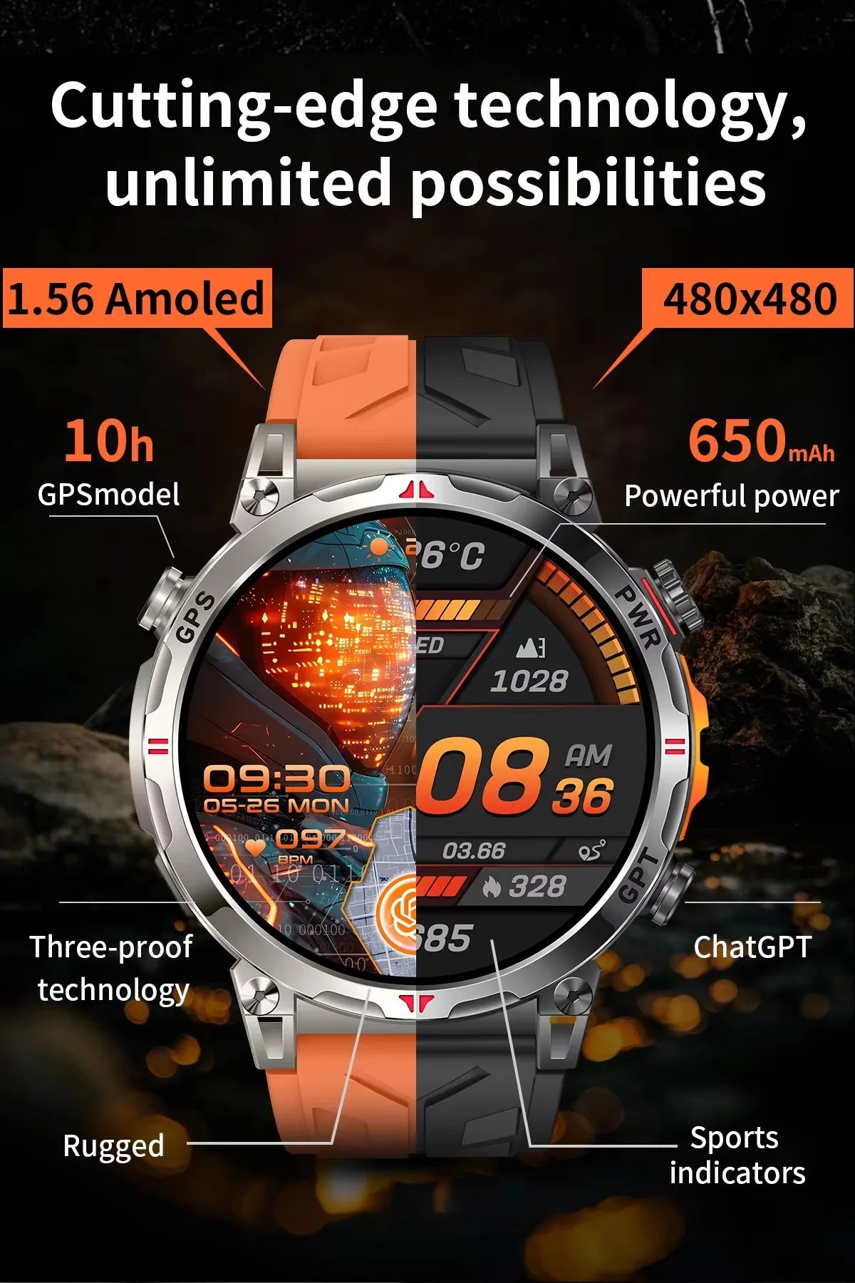Men KC93 Smart Watch 1.56inch AMOLED GPS Positioning Outdoors Sports Fitness Tracker Bluetooth Calling Large Battery Smartwatch