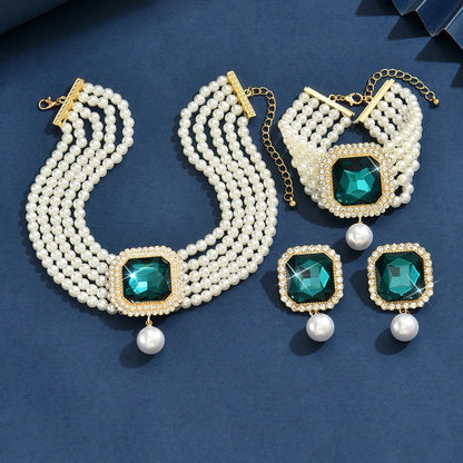 Women's Fashion Light Luxury Short Style Imitation Pearl Rhinestone Necklace Earrings Bracelet Jewelry Set Party Festival Gift