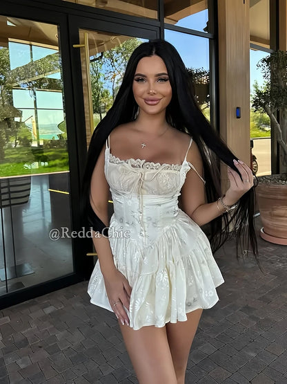 ReddaChic Mini Cami Dress with Built-in Shorts Spaghetti Straps Glossy Floral Women Satin Rompers One Piece Puffy Pants Party