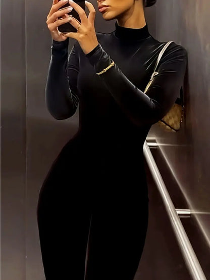 Slim Fit High Neck Long Sleeve One-Piece Jumpsuit Bodycon Slimming Design Fashionable Elegant Women's Clothing
